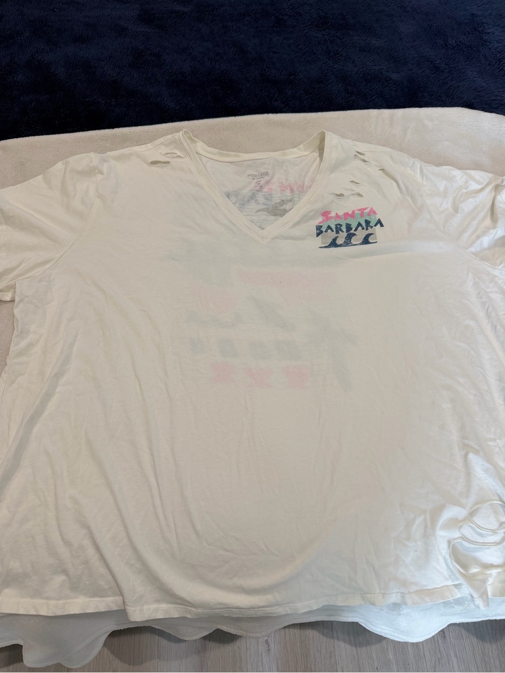 Torrid White V‑Neck women’s Tee with Santa Barbara Chest Graphic Distressed look